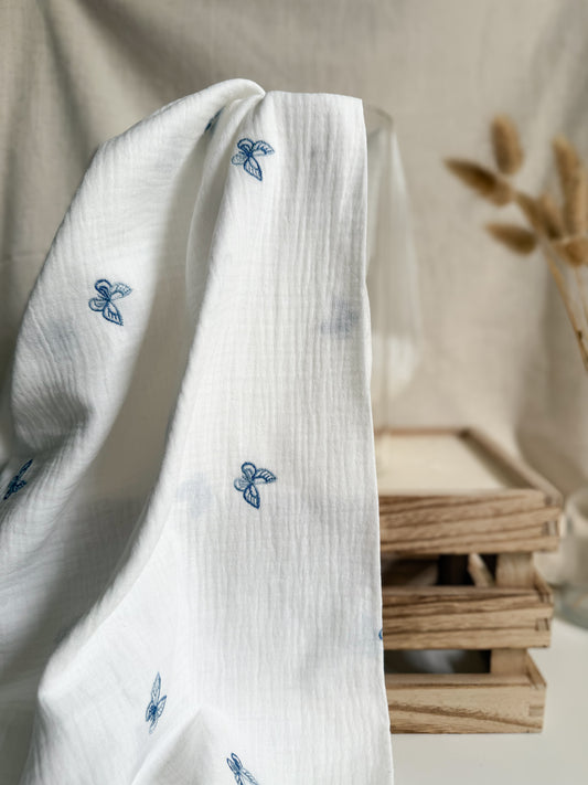 Embroidered Double Gauze Fabric - Blue Butterflies
