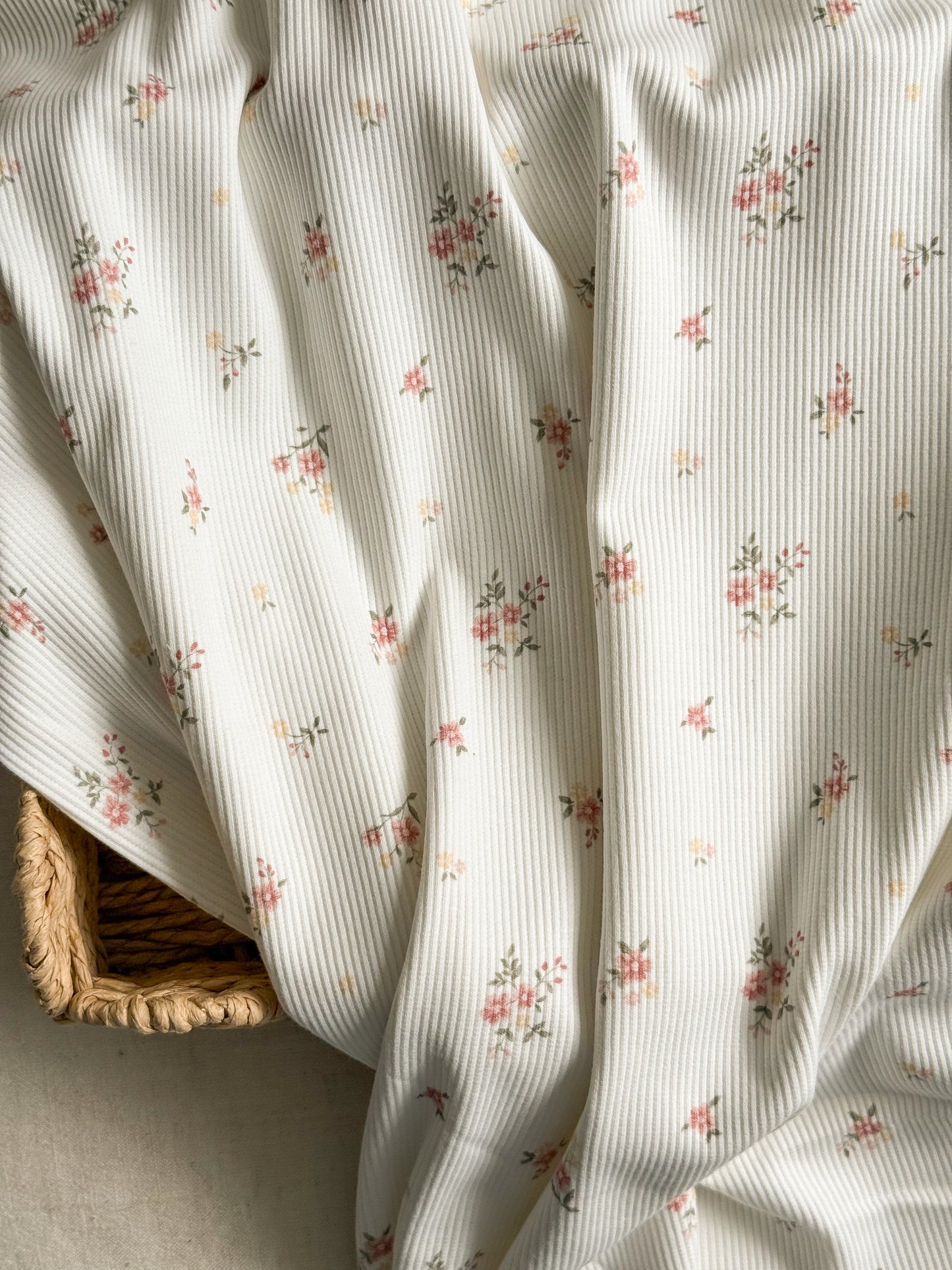 Ribbed Cotton Jersey Fabric - Rose + Yellow Floral - 40cm Remnant