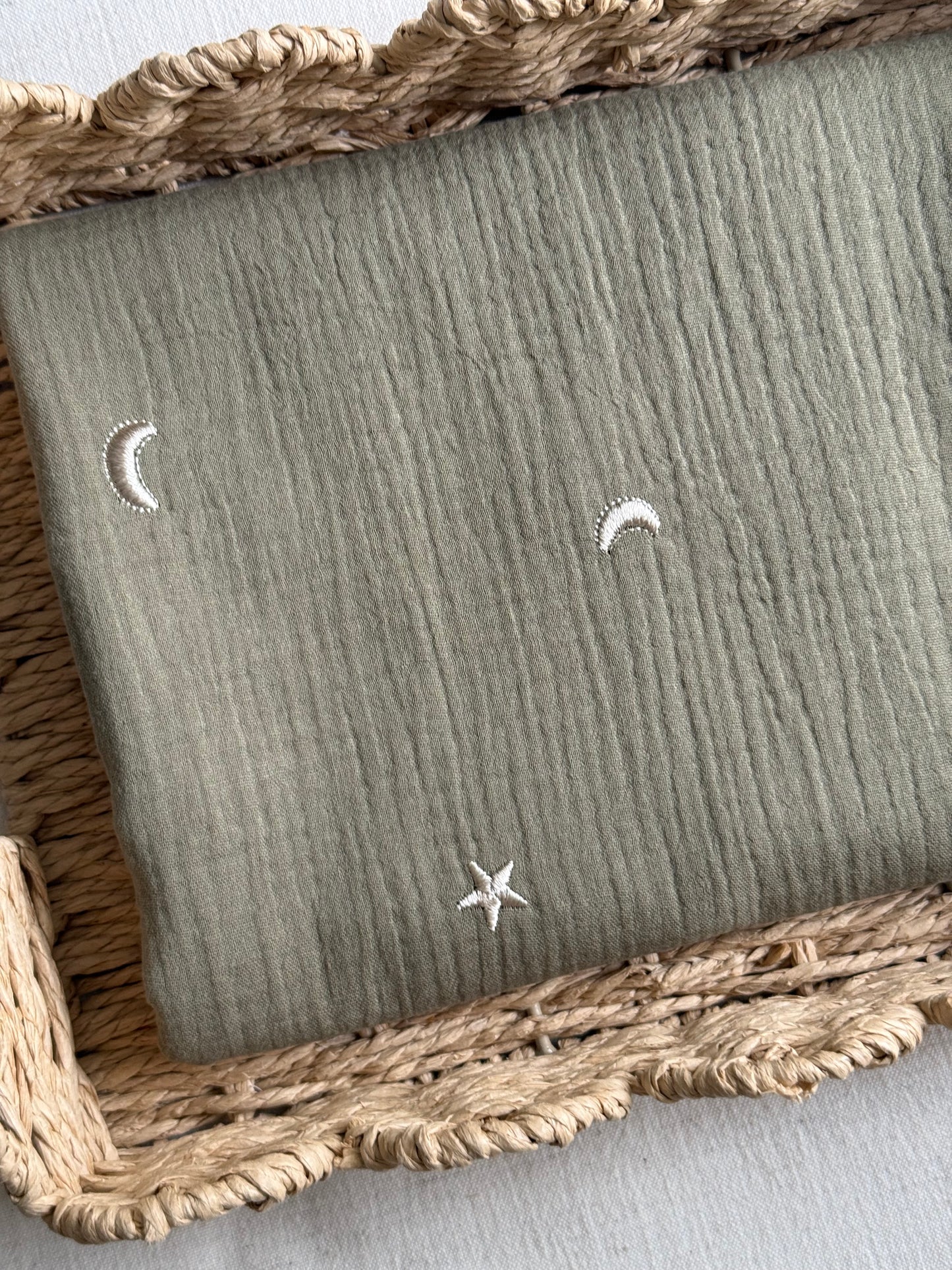 Embroidered Double Gauze Fabric - Moon & Stars - Soft Khaki
