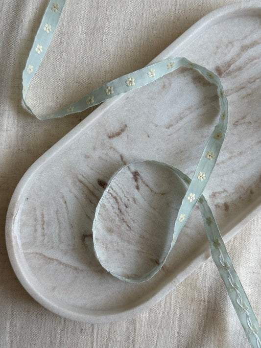 Jacquard Woven Ribbon - Sage & Yellow Flowers - 10mm