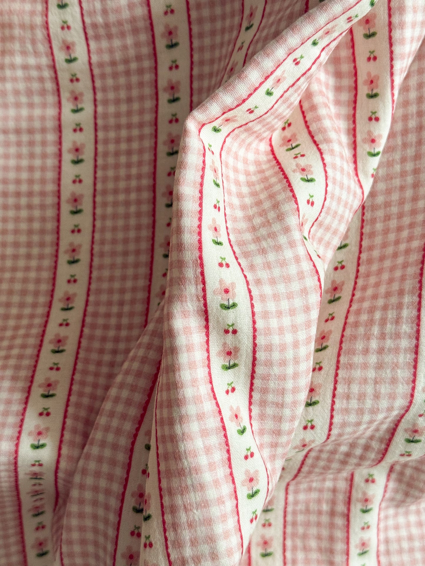 Double Gauze Fabric - Gingham Flowers & Cherries - Pink