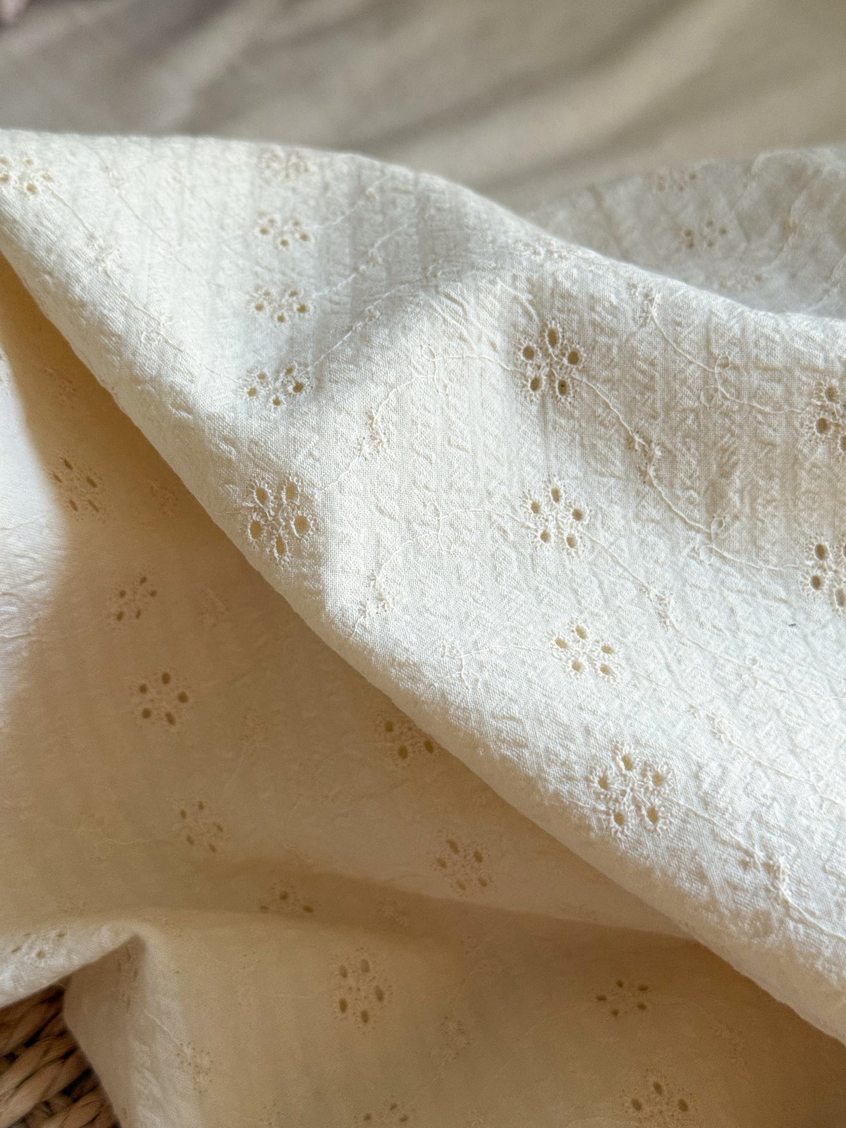 Cotton Embroidered Seersucker Fabric - Ecru Broderie Daisy