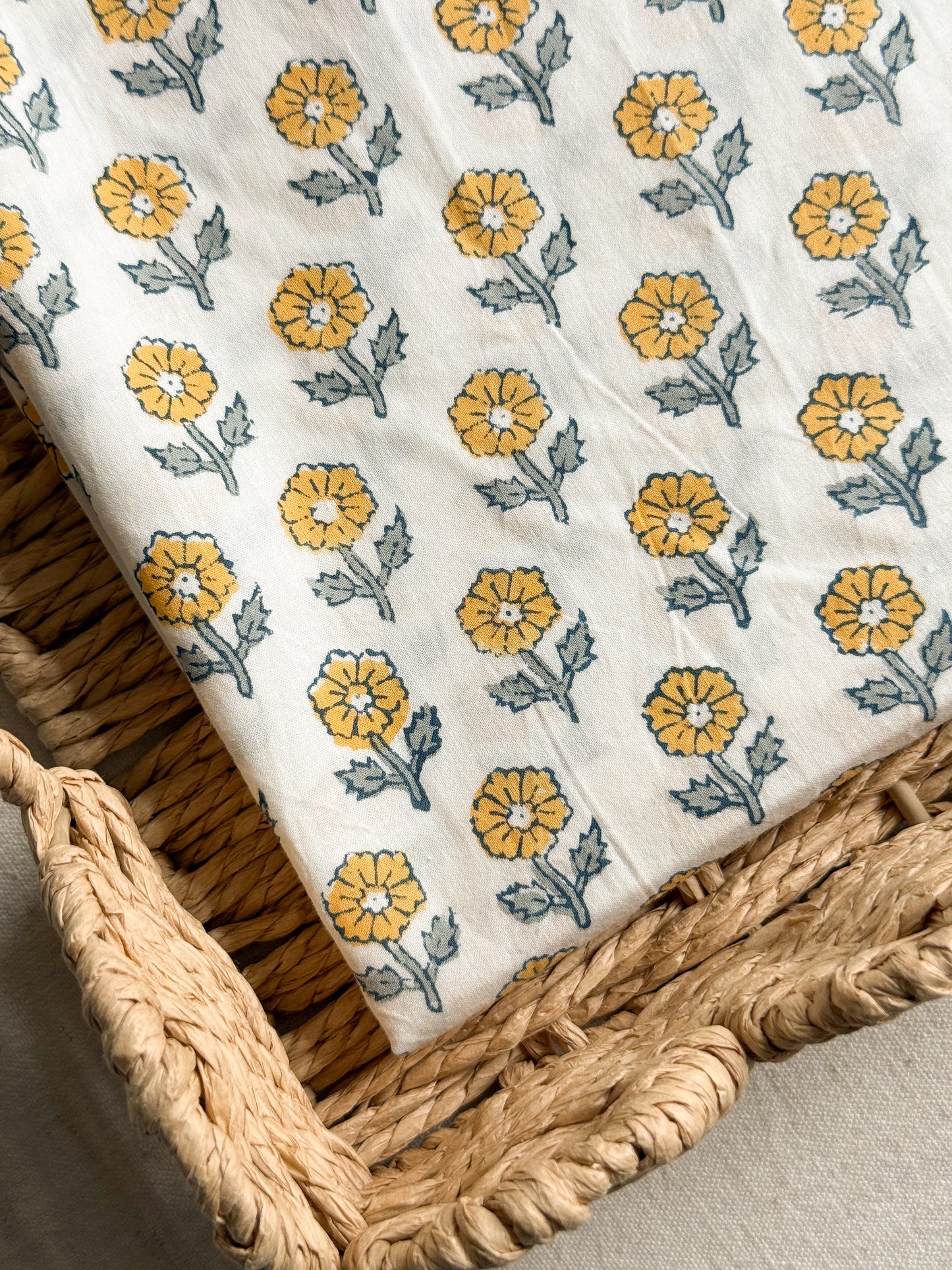Indian Cotton Block Print Fabric - Flowering in Yellow - 30cm Remnant