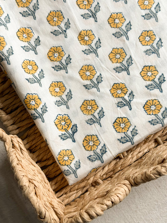 Indian Cotton Block Print Fabric - Flowering in Yellow