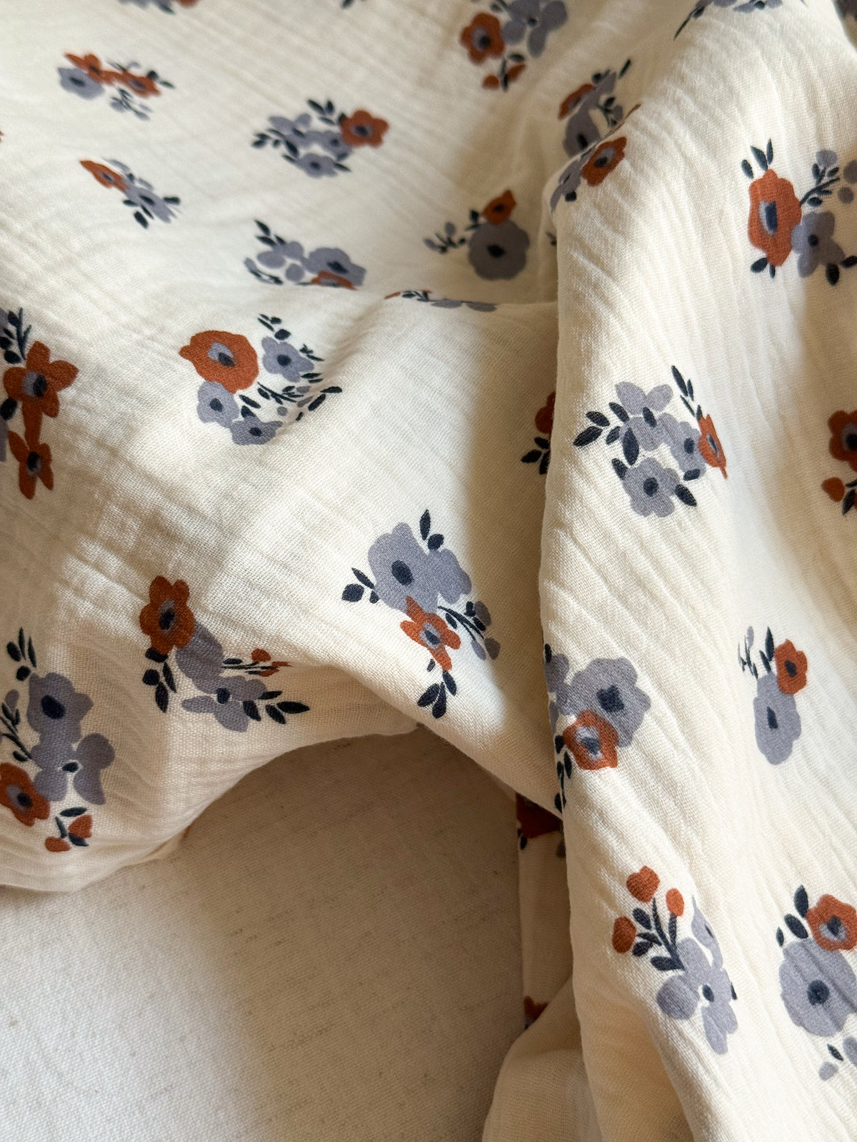 Double Gauze Fabric - Blue / Ecru Floral