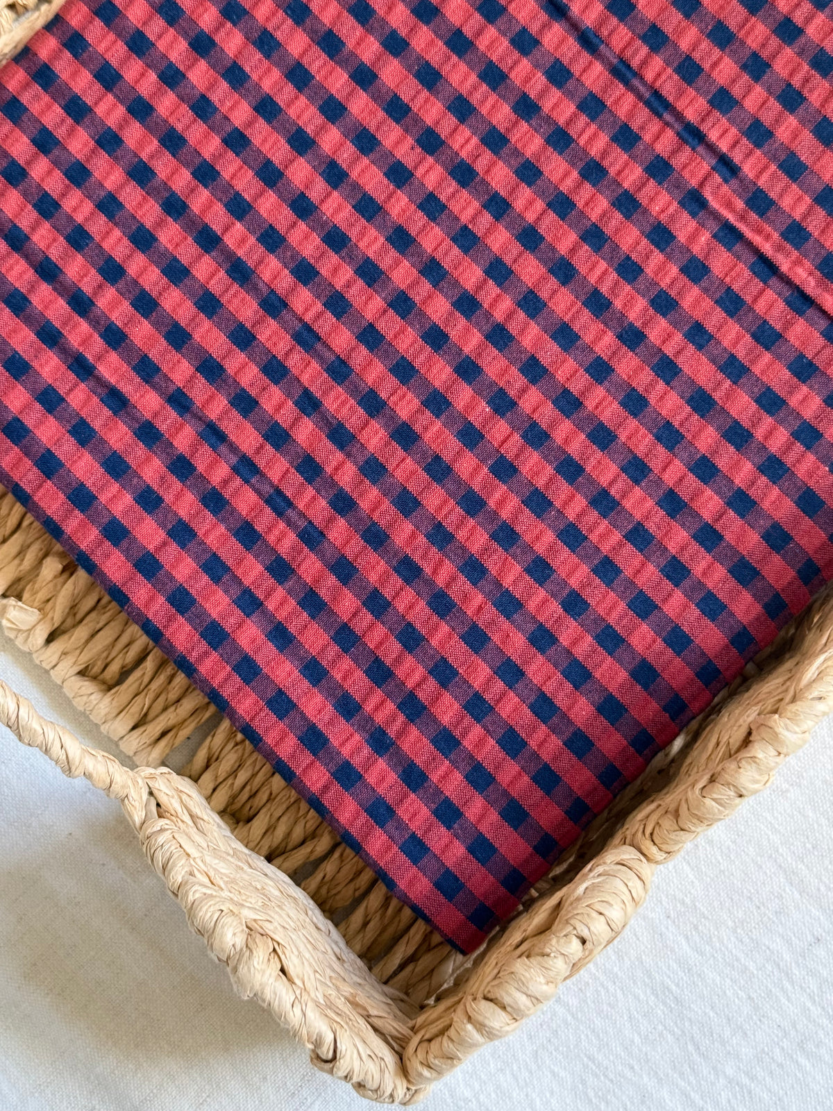 Cotton Seersucker Fabric - Gingham - Navy / Brick