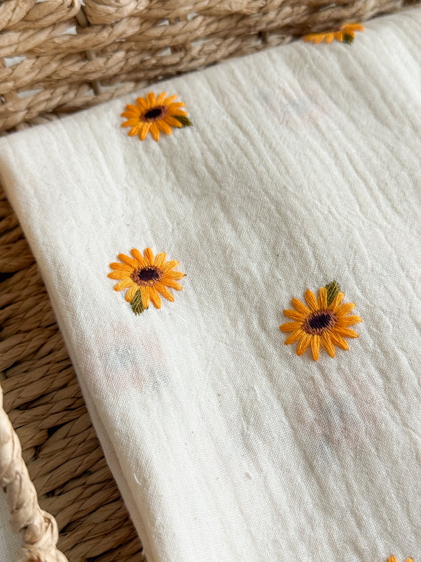 Embroidered Double Gauze Fabric - Sunflowers - Ecru