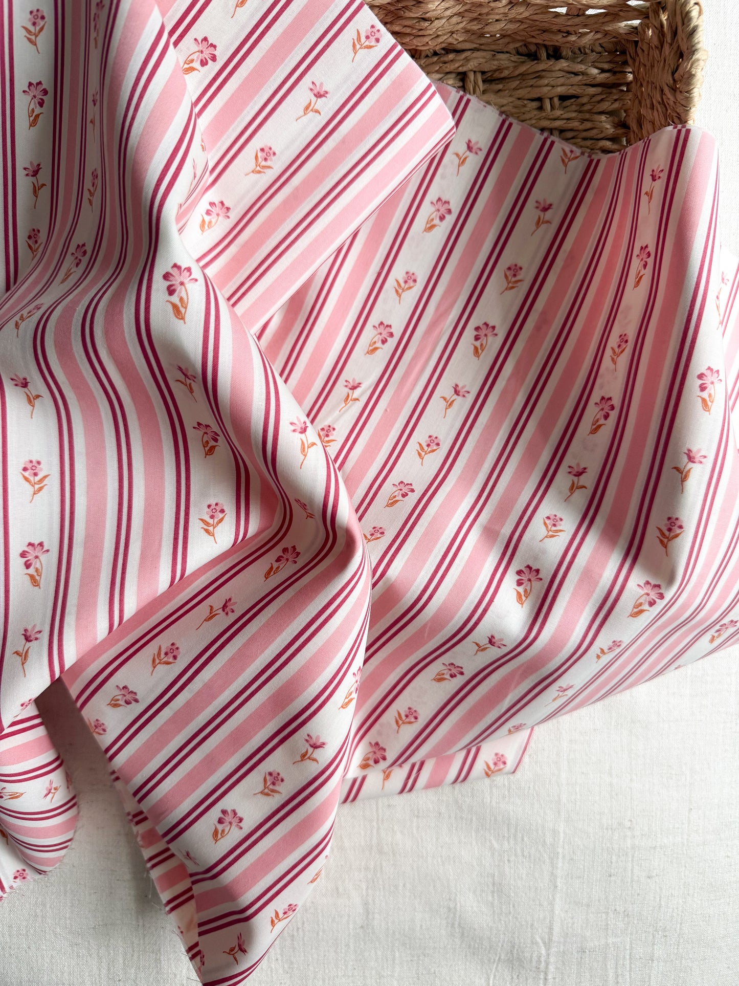 Fine Cotton Poplin Fabric - Pink Floral Stripe