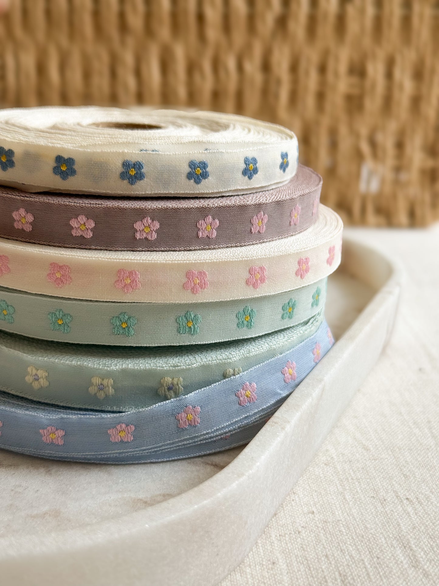 Jacquard Woven Ribbon - Blue & Yellow Flowers - 10mm