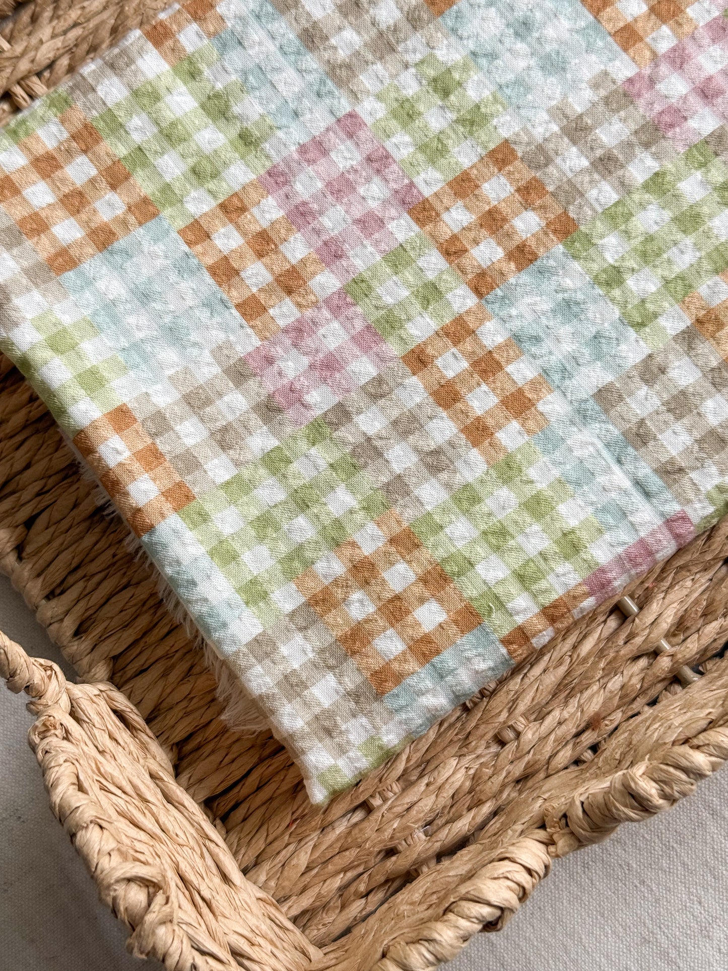 Organic Cotton Gingham Patchwork Seersucker Fabric - Fruit Pastel