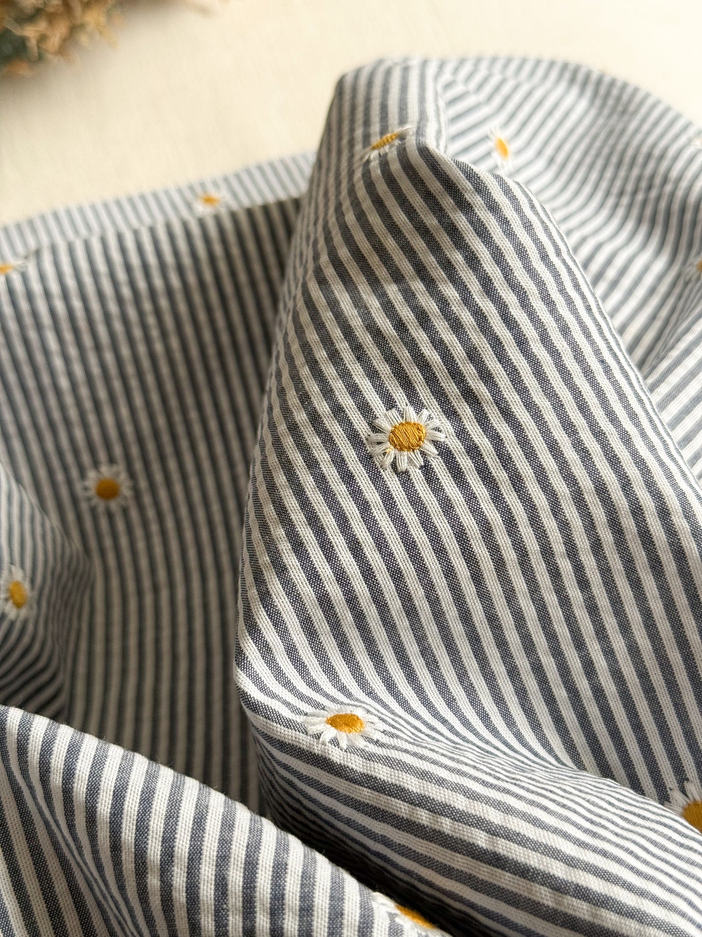 Cotton Stripe Seersucker Fabric With Embroidered Daisy - Navy