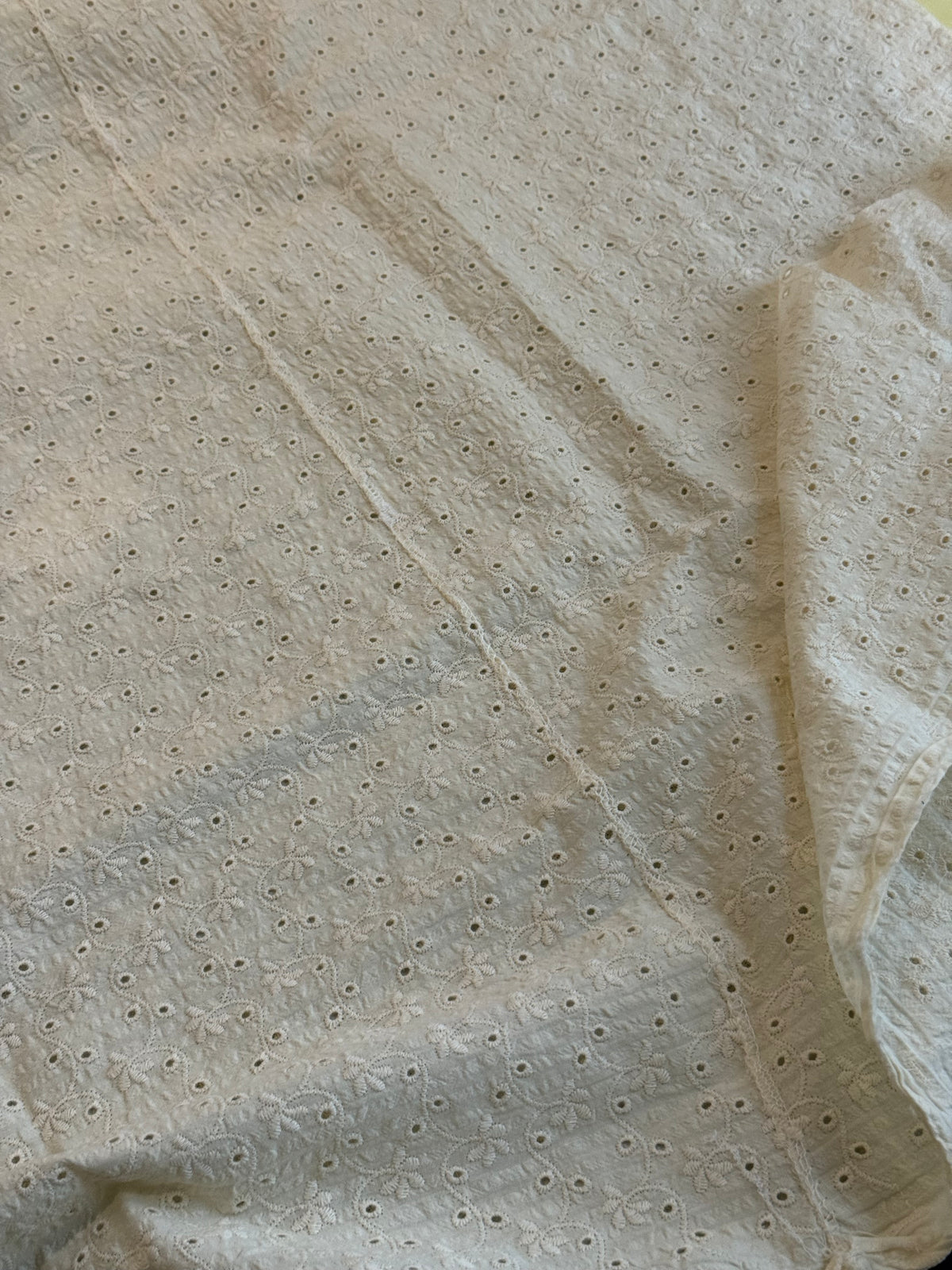 Cotton Embroidered Seersucker Fabric - Ecru Broderie Clematis - 100cm Remnant - Damaged - SEE IMAGES