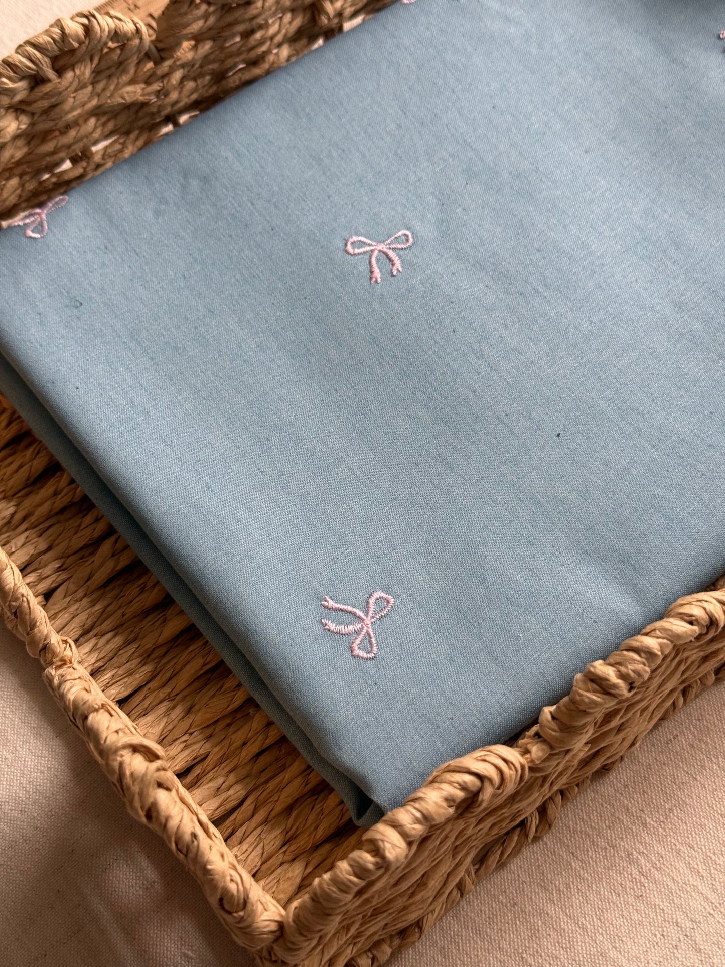 Embroidered Cotton Chambray Denim Fabric  - Bows