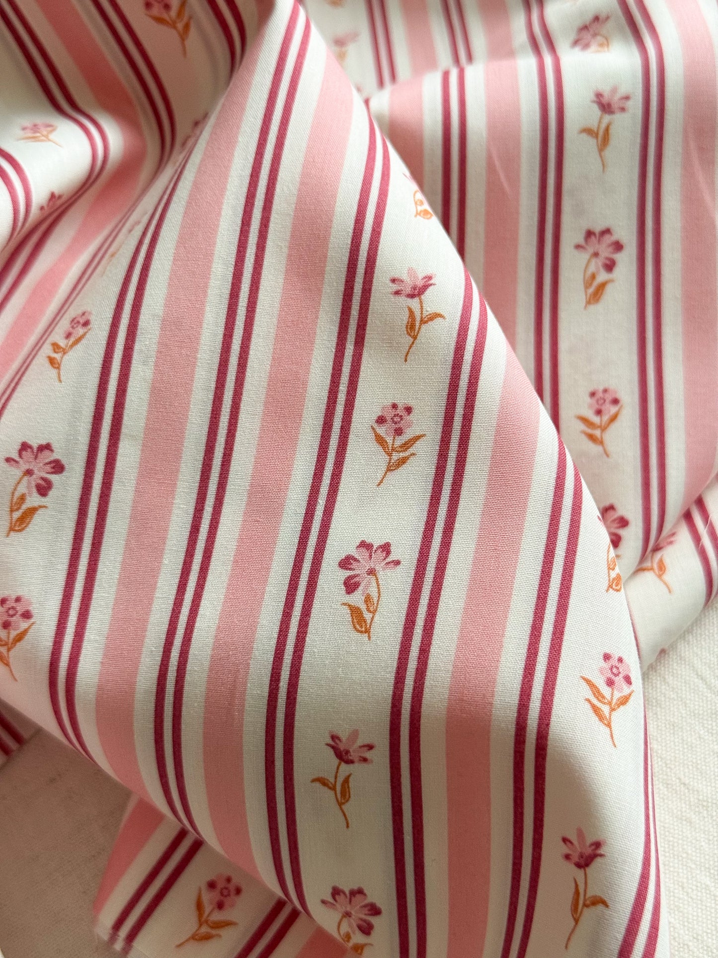 Fine Cotton Poplin Fabric - Pink Floral Stripe
