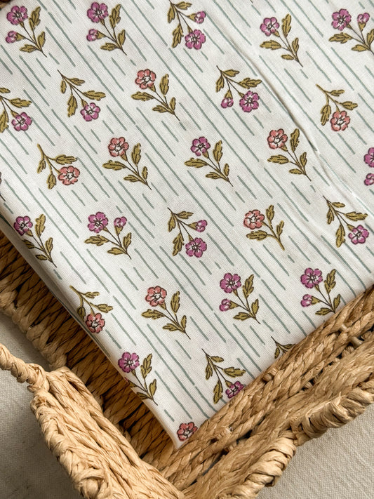 Cotton Poplin Fabric  - Pink & Lilac Flowers & Stripes