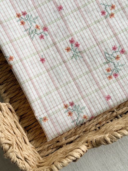 Textured Cotton Crinkle Fabric - Floral Plaid Pink
