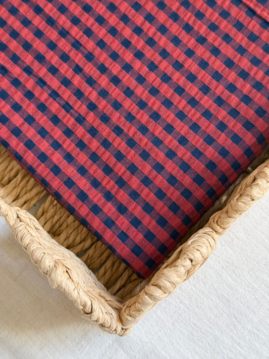 Cotton Seersucker Fabric - Gingham - Navy / Brick