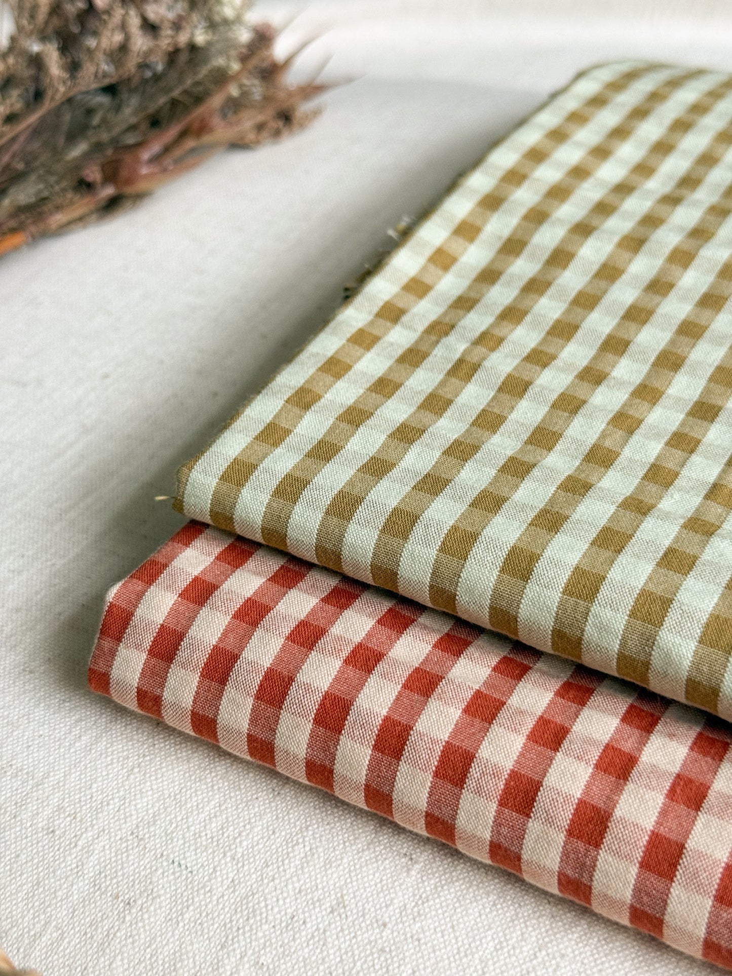 Cotton Seersucker Fabric - Gingham - Chestnut