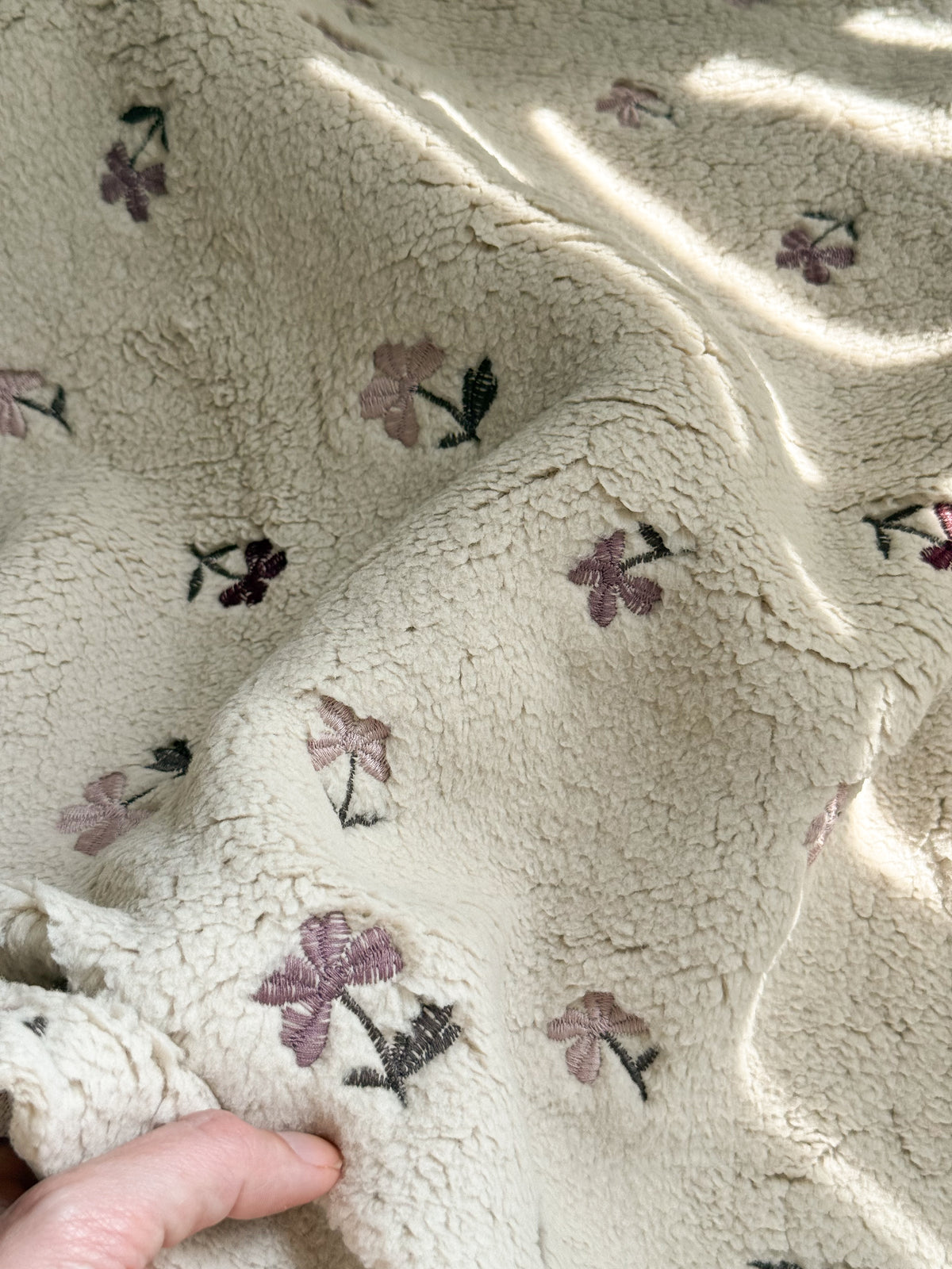 Soft Teddy Fabric - Greige / Purple Embroidered Flowers