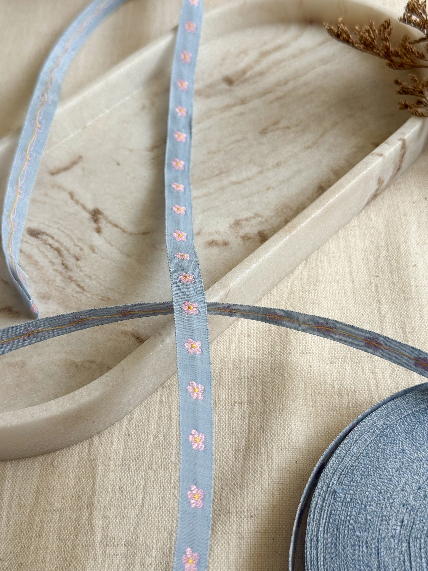 Jacquard Woven Ribbon - Blue & Rose Flowers - 10mm