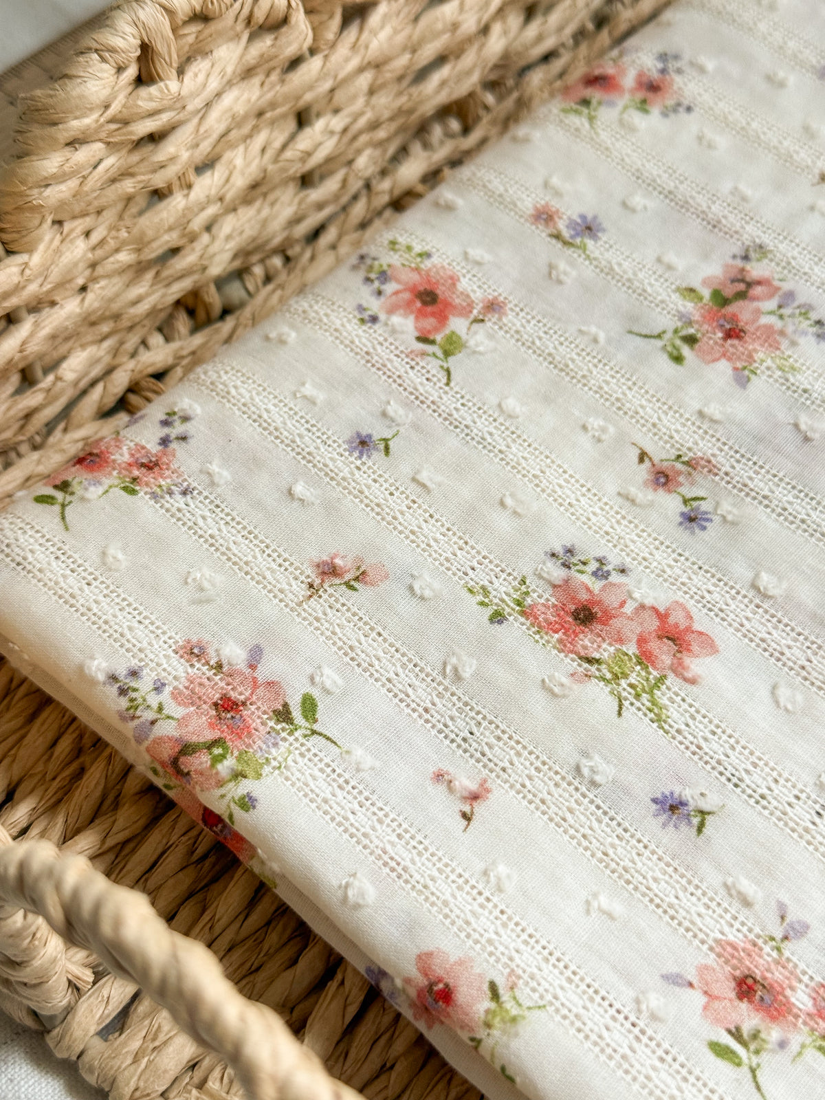 Embroidered Jacquard Cotton Swiss Dot Dobby Fabric - Peach Floral - 45cm Remnant