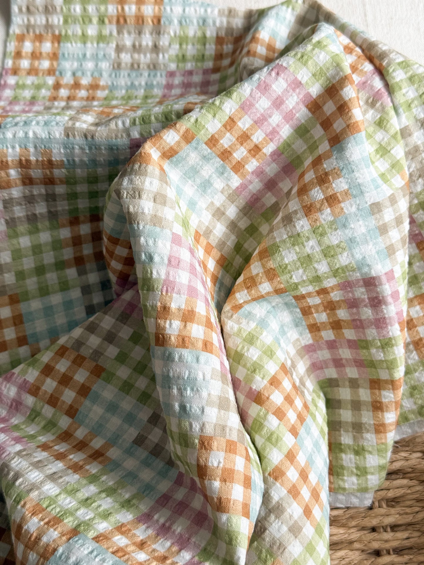 Organic Cotton Gingham Patchwork Seersucker Fabric - Fruit Pastel