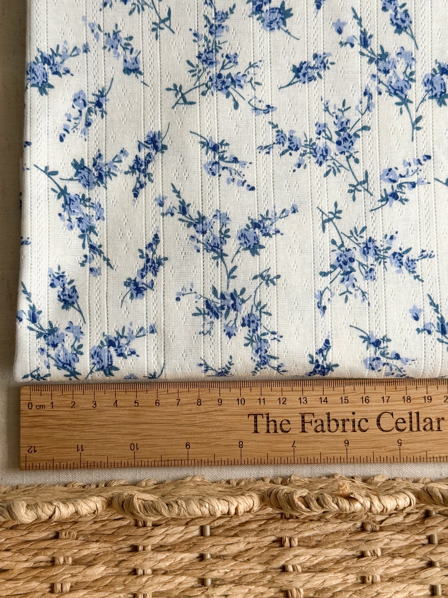 Printed Cotton Jersey Pointelle Fabric - Blue Branches