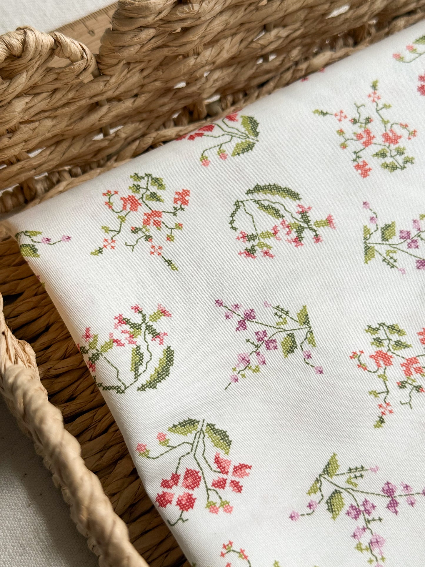 Organic Cotton Sateen Fabric - Cross Stitch Floral Print
