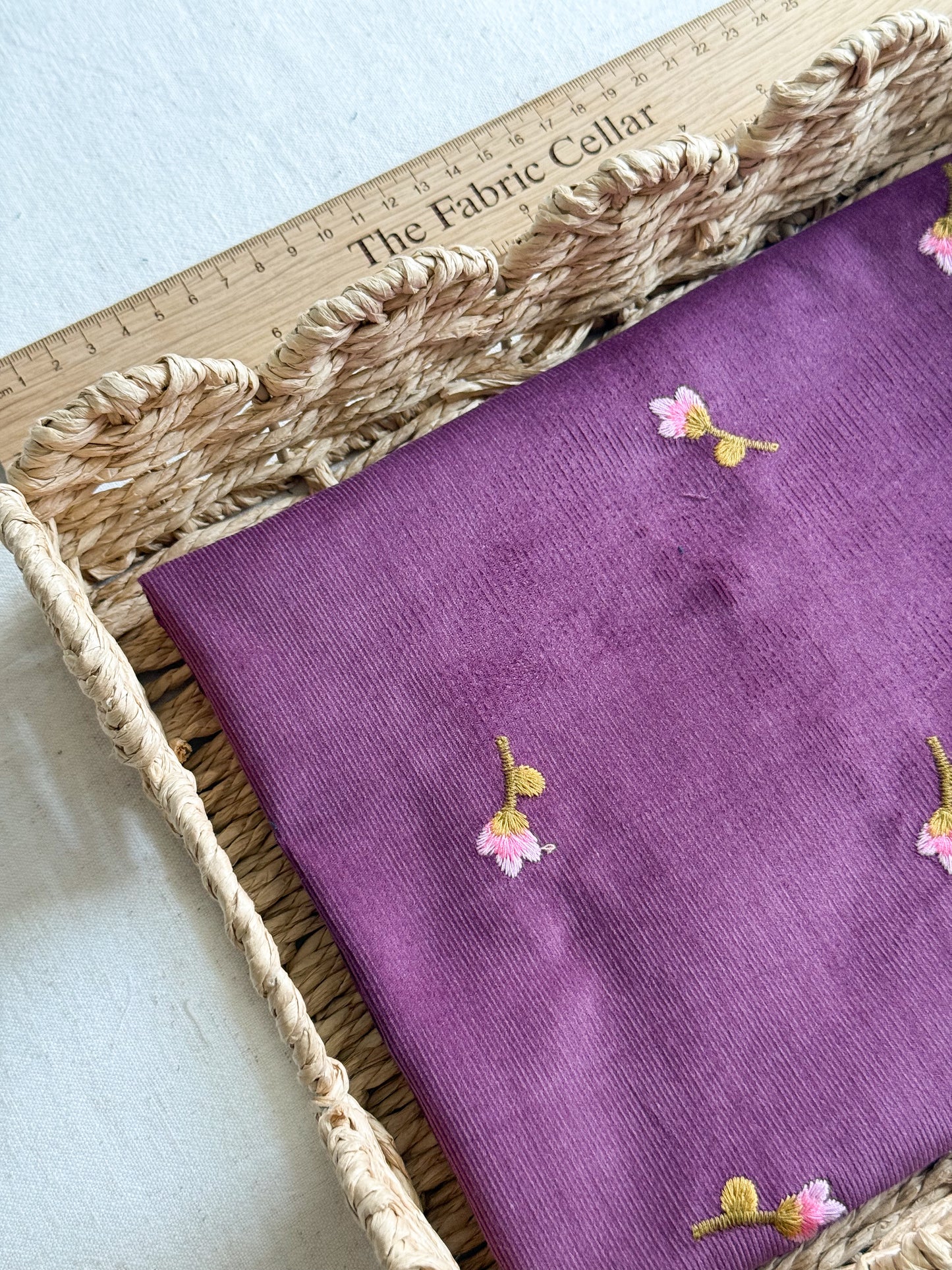 Cotton Embroidered Baby Cord Fabric - Plum