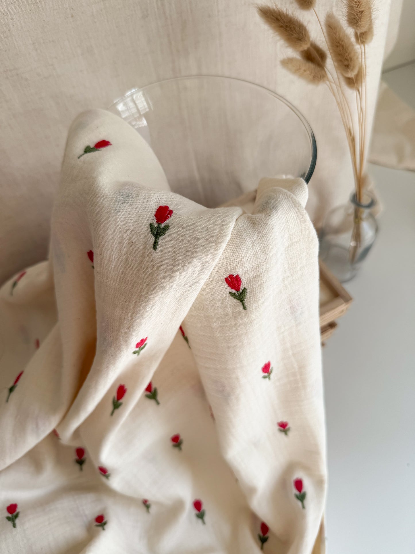 Embroidered Double Gauze Fabric - Natural Tulips