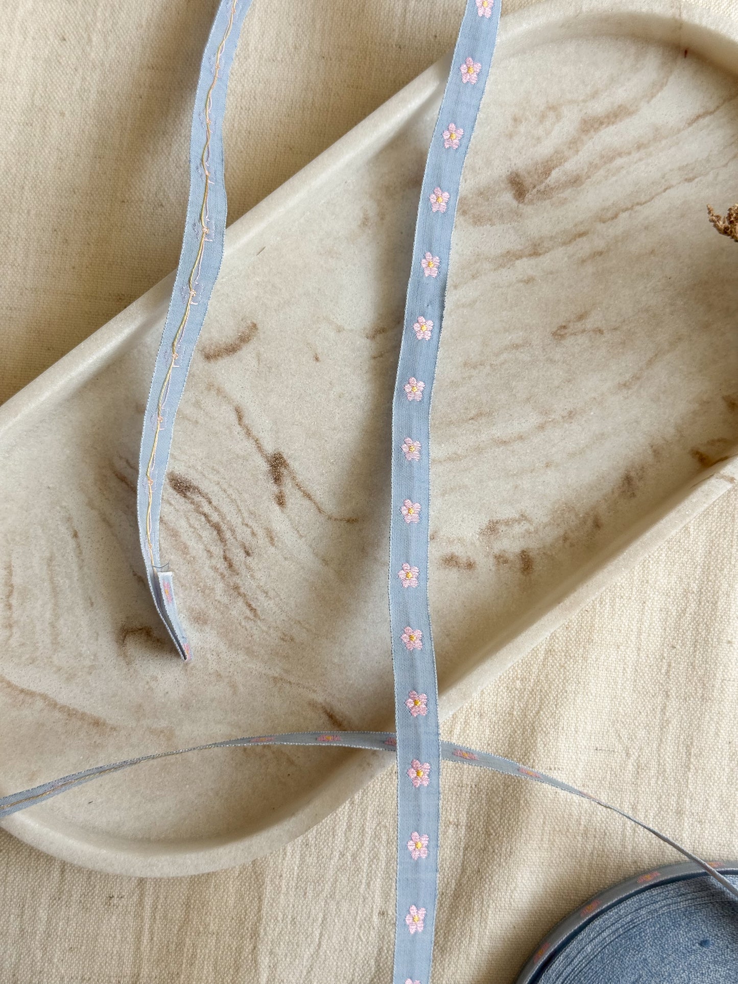 Jacquard Woven Ribbon - Blue & Rose Flowers - 10mm