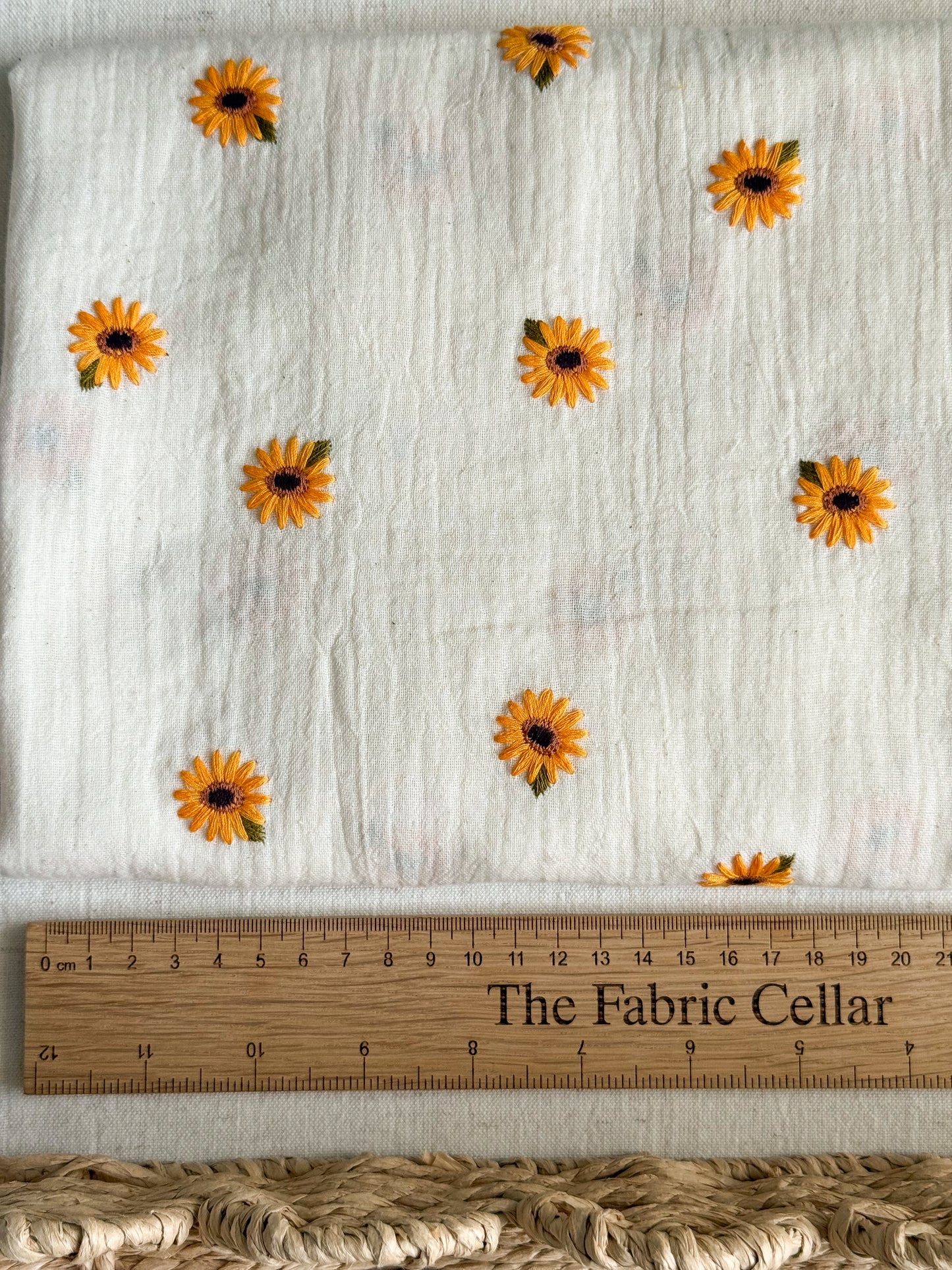 Embroidered Double Gauze Fabric - Sunflowers - Ecru