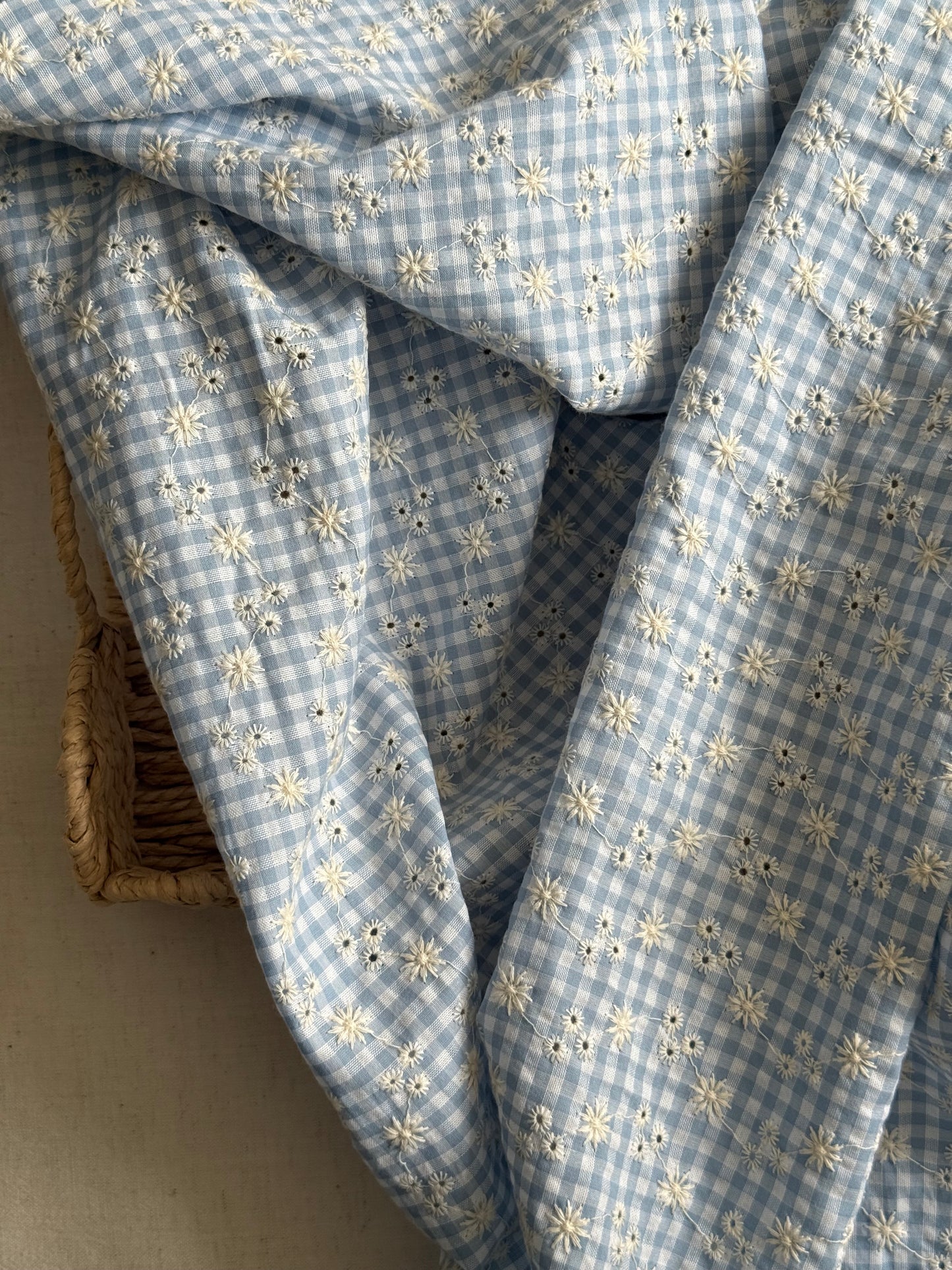 Cotton Embroidered Gingham Seersucker Fabric - Blue - 45cm Remnant
