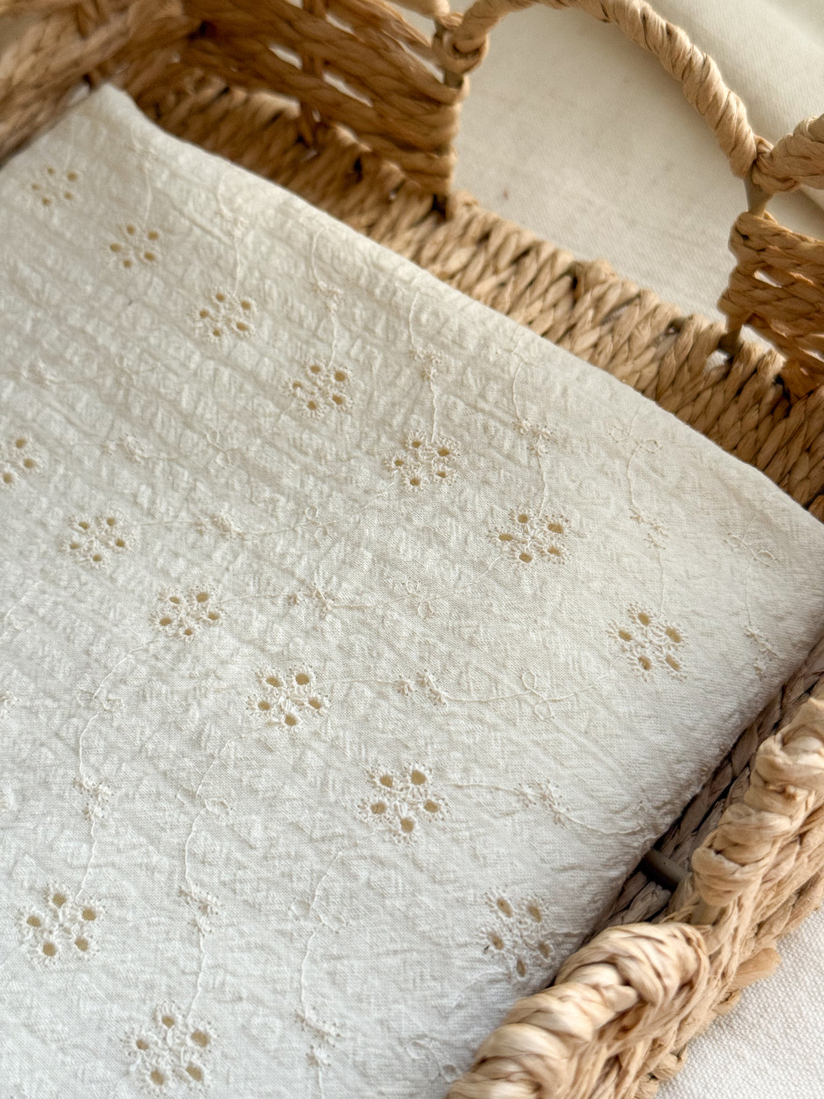Cotton Embroidered Seersucker Fabric - Ecru Broderie Daisy
