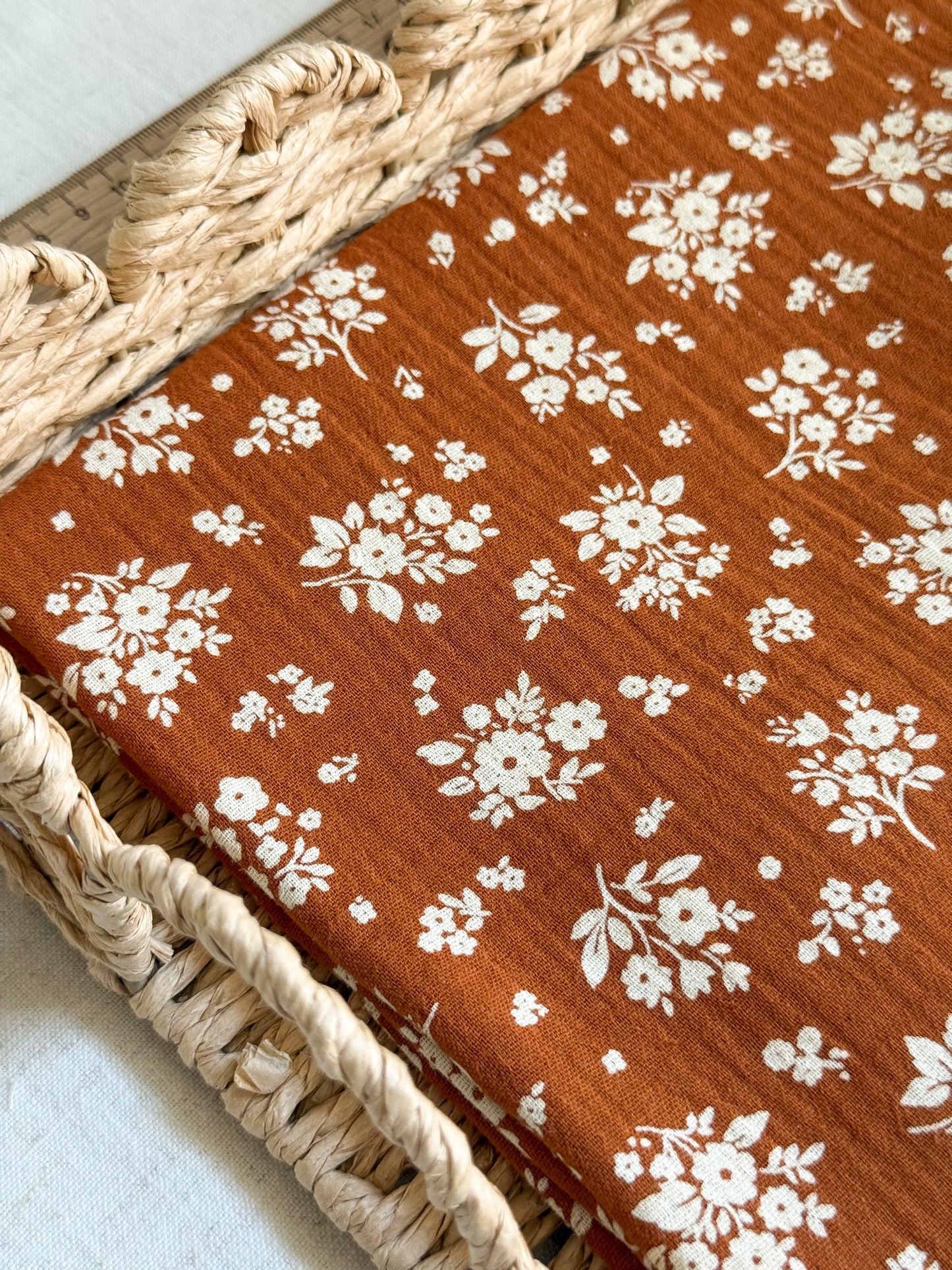 Double Gauze Fabric - Camel / White Floral