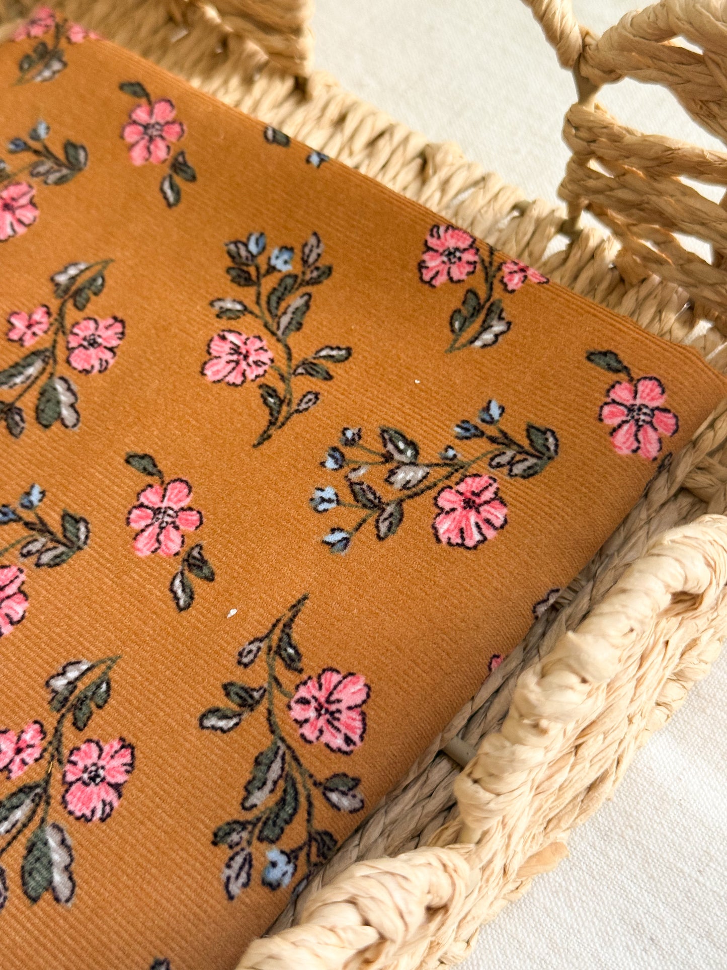 Cotton Baby Cord Fabric - Tan / Floral