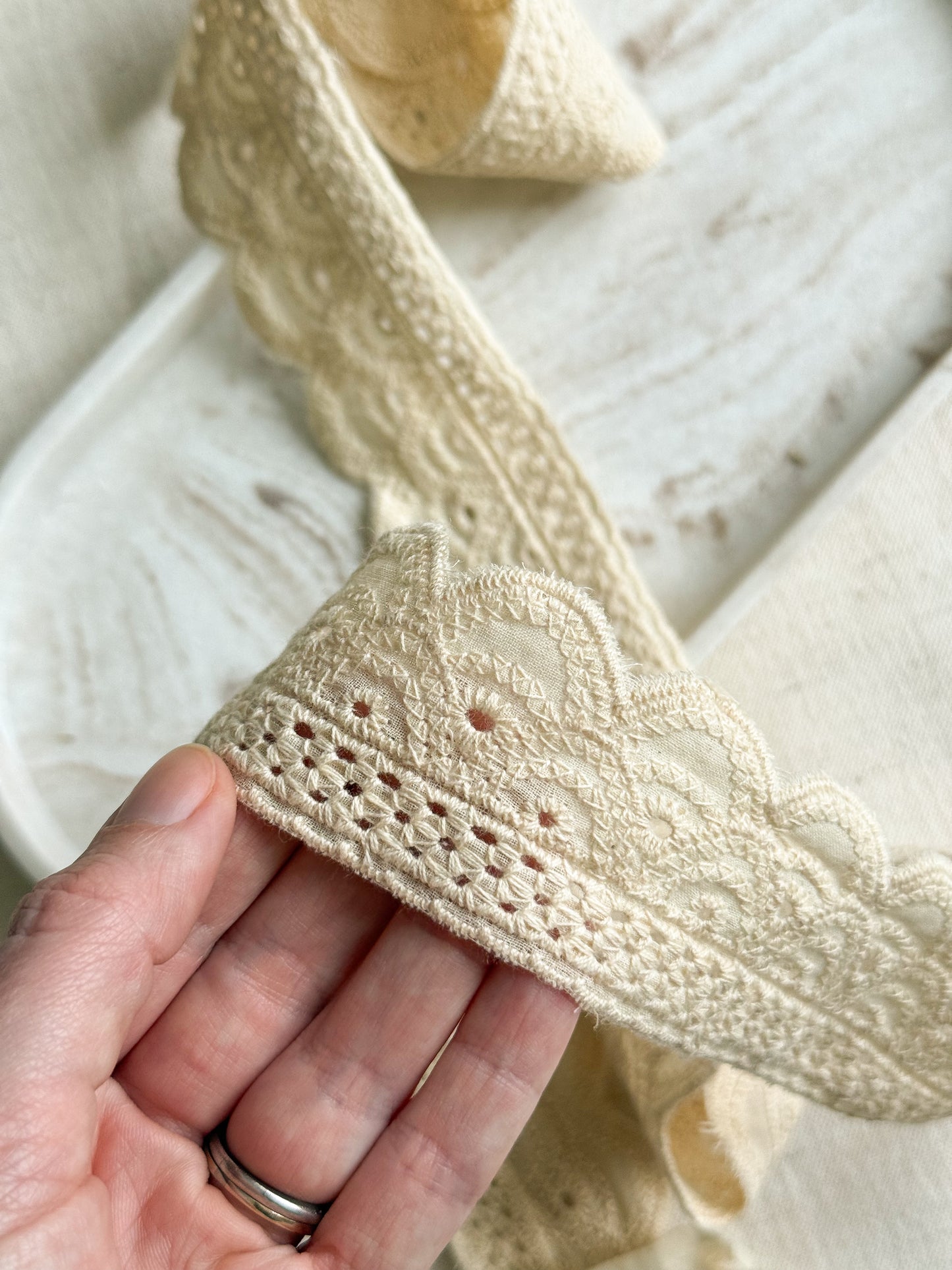 Cotton Broderie Anglaise Trim - Natural - 45mm Wide