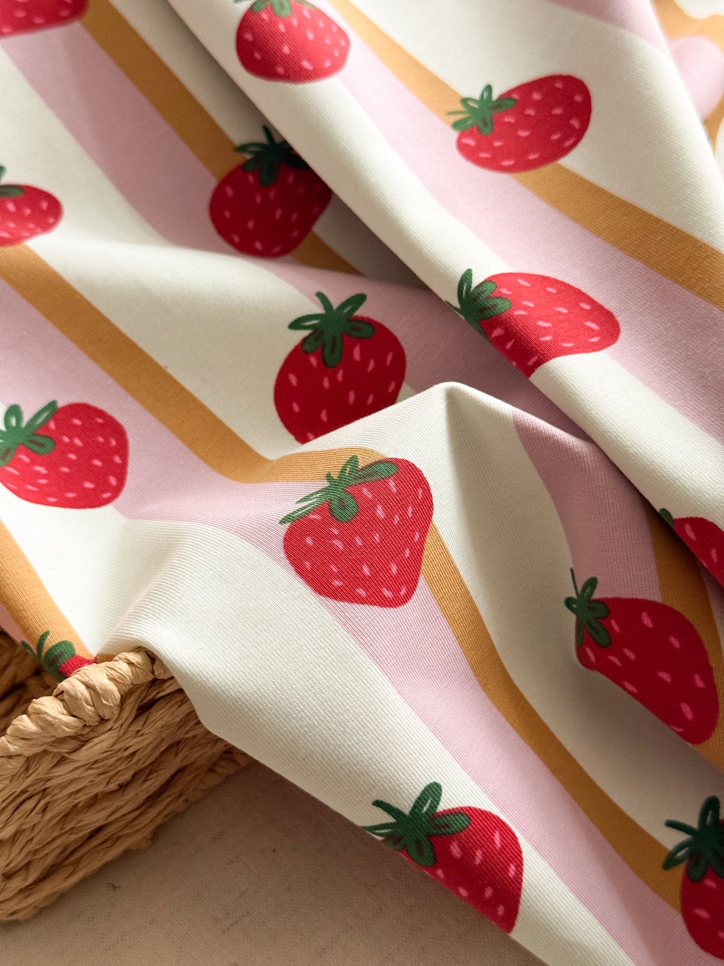 Printed Cotton Jersey Fabric - Strawberries & Stripes
