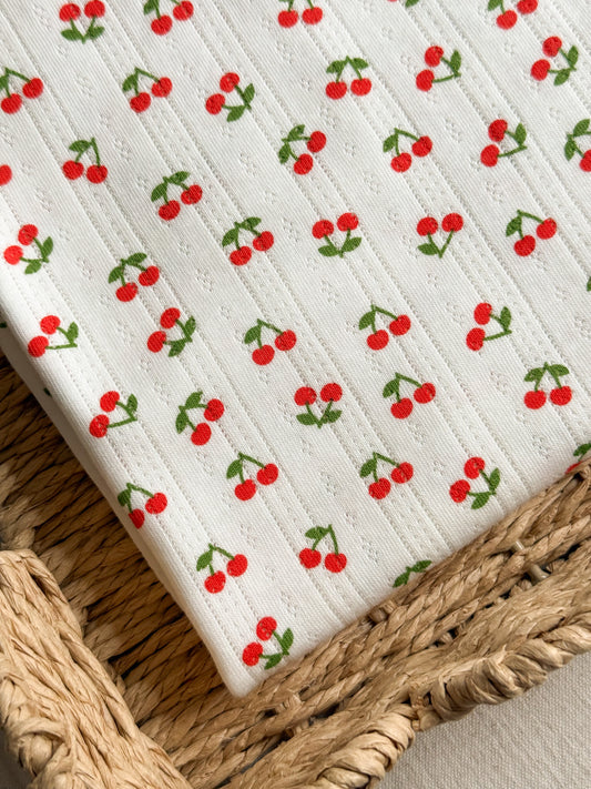 Printed Cotton Jersey Pointelle Fabric - Cherries