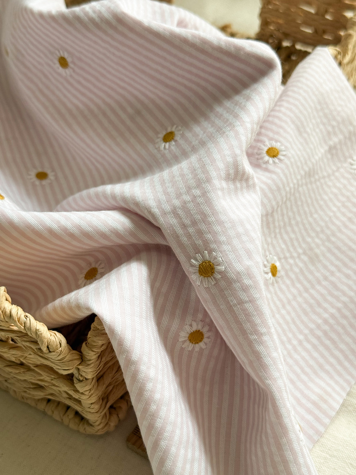 Cotton Stripe Seersucker Fabric With Embroidered Daisy - Nude Pink