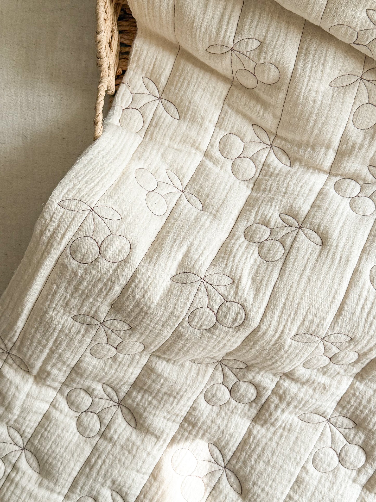 Quilted Double Gauze Fabric  - Cherries - Natural