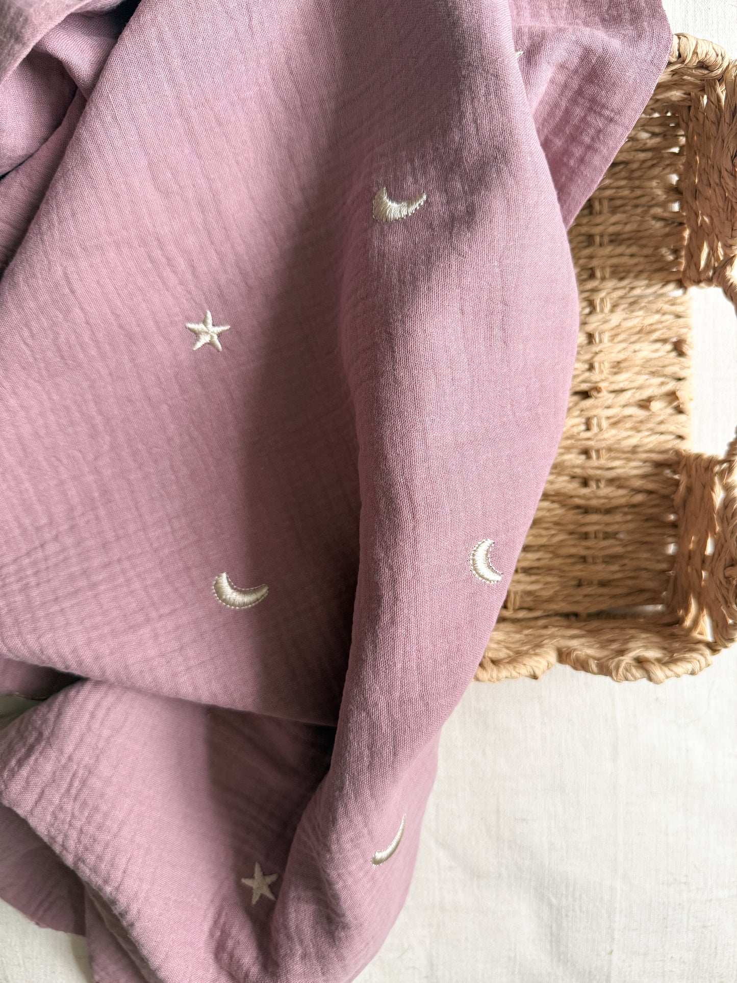Embroidered Double Gauze Fabric - Moon & Stars - Mauve