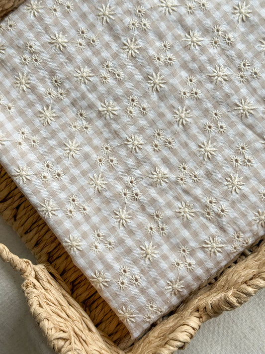 Cotton Embroidered Gingham Seersucker Fabric - Sand