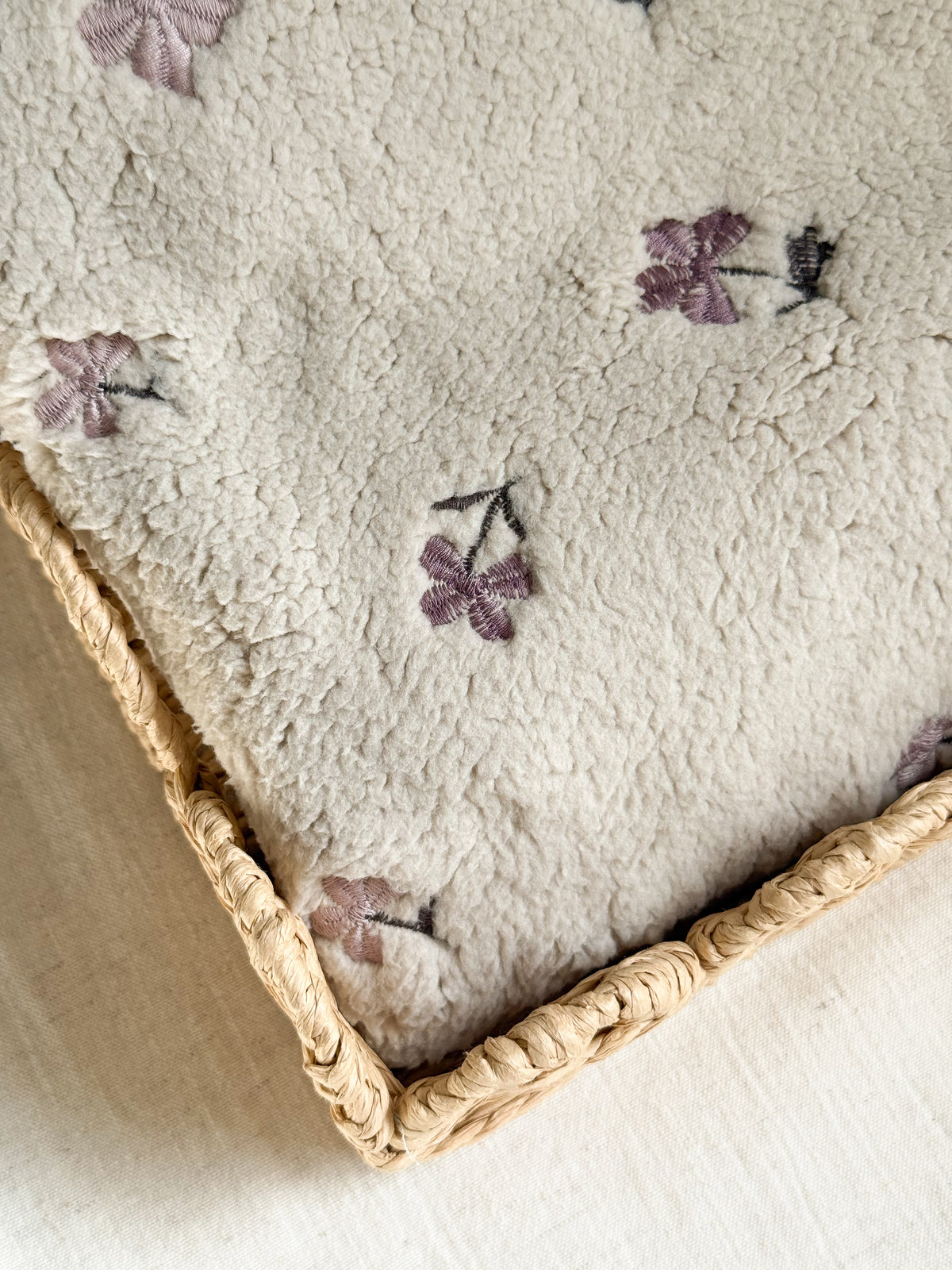 Soft Teddy Fabric - Greige / Purple Embroidered Flowers