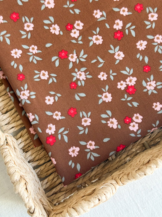 Cotton Poplin Fabric  - Brown Floral