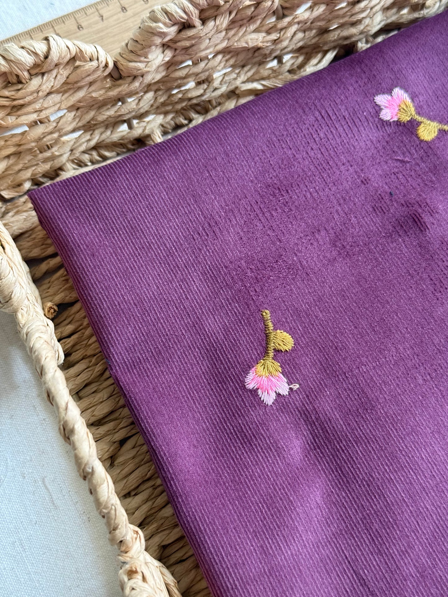 Cotton Embroidered Baby Cord Fabric - Plum