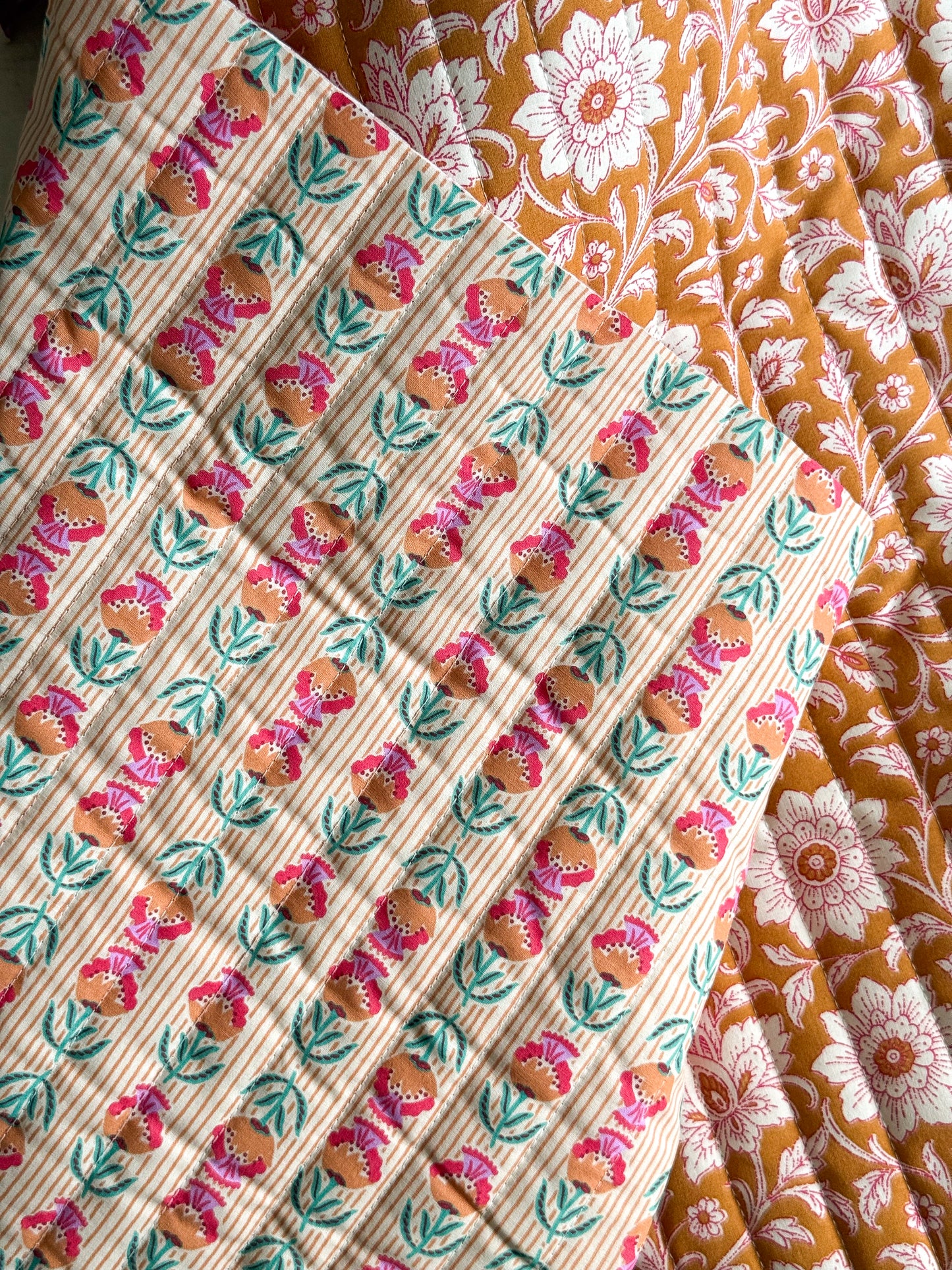 Reversible Quilted Cotton Poplin Fabric - Block Print / Camel Rose