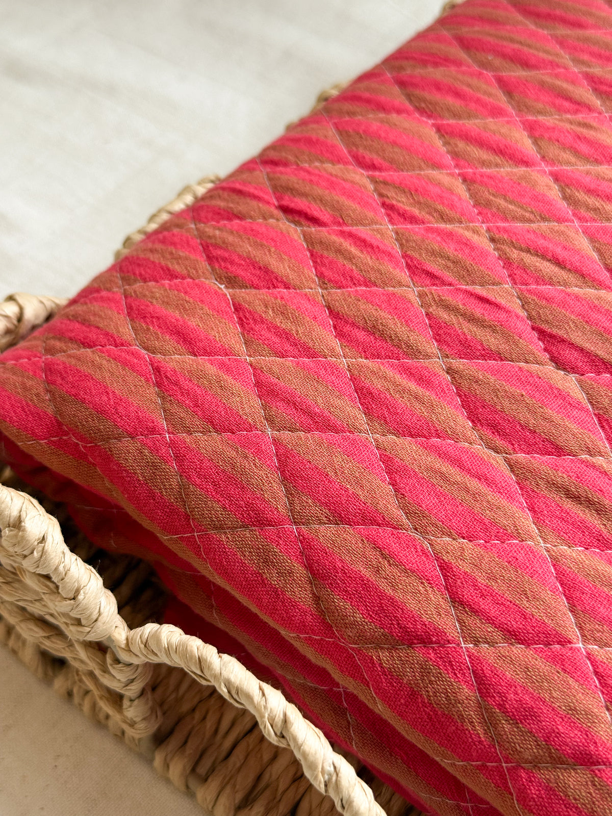 Reversible Quilted Double Gauze Fabric - Floral / Pink & Brown Stripe