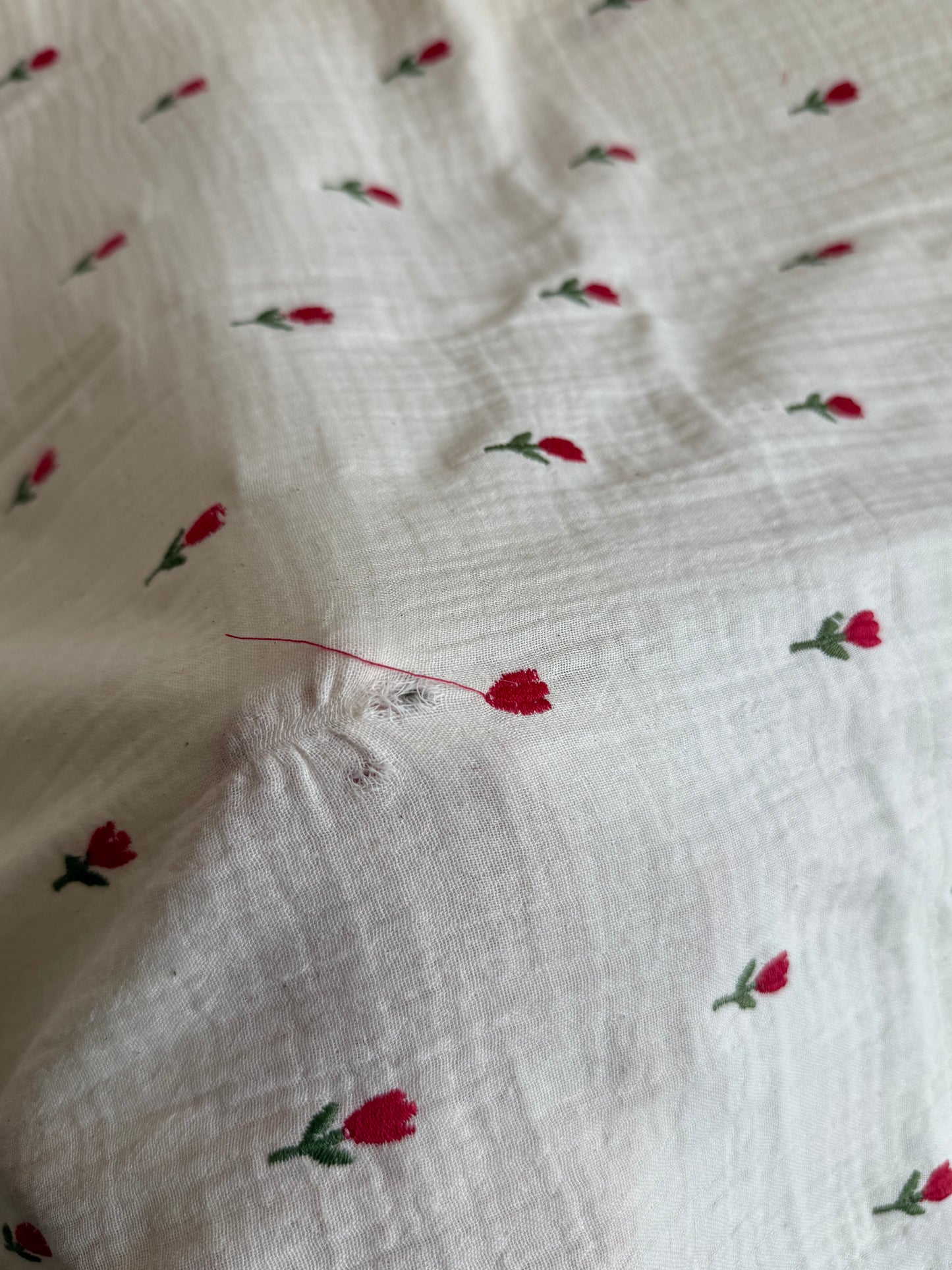 Embroidered Double Gauze Fabric - Natural Tulips - 90cm Remnant - Defects - See Images