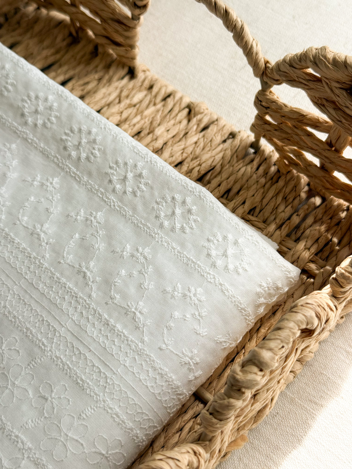 Embroidered Cotton Fabric - Floral Stripes - White